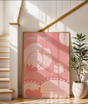 Springtime illustration with flowers and bird on pink background