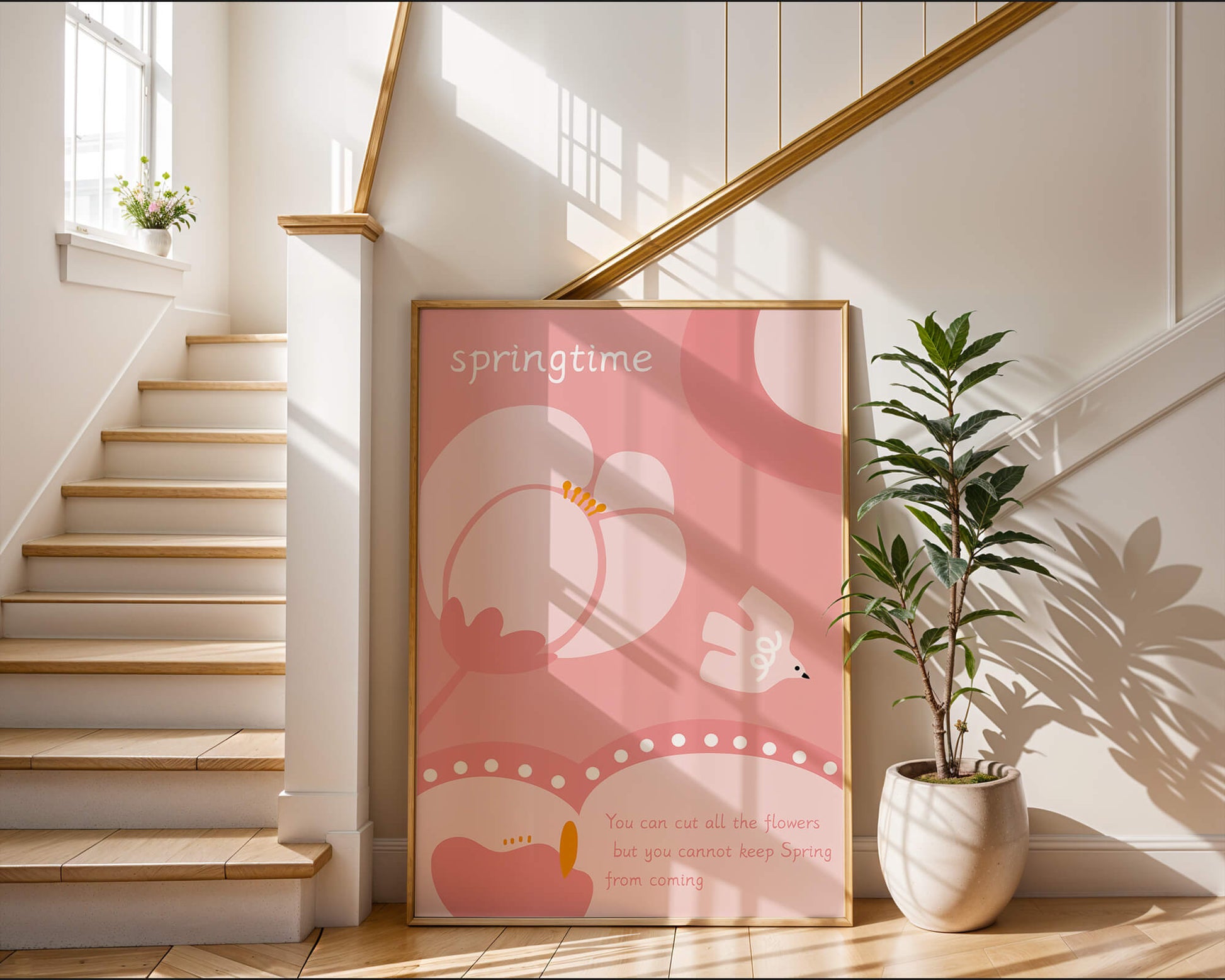 Springtime illustration with flowers and bird on pink background