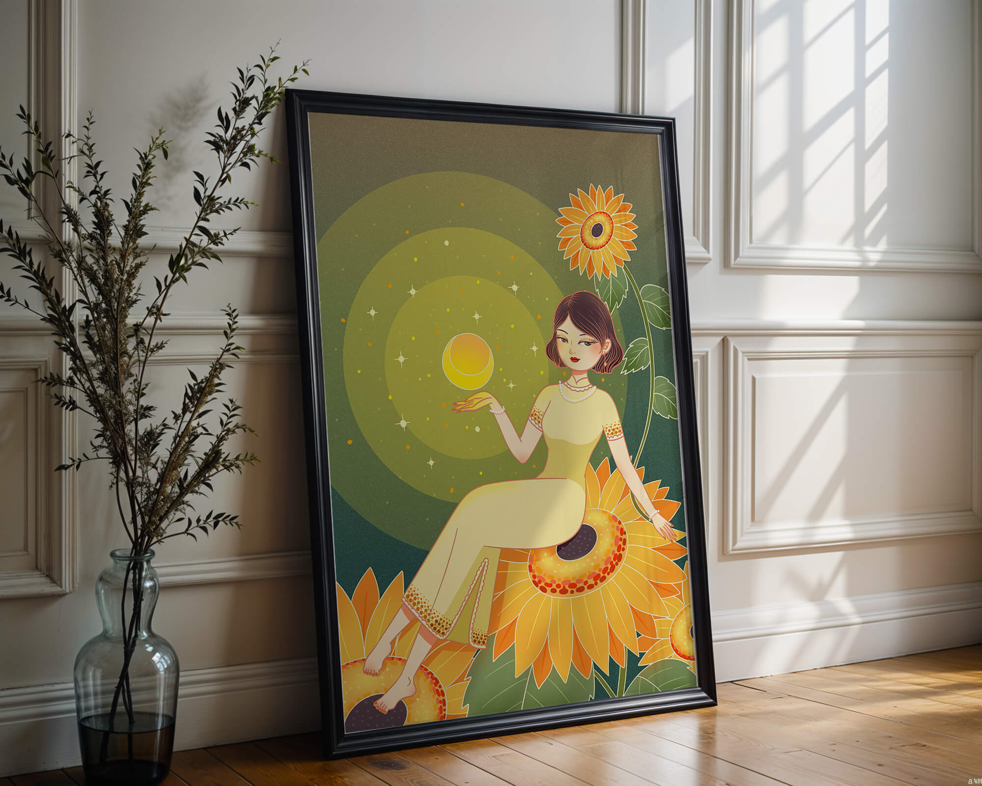 Elegant illustration of a woman on sunflowers with glowing orb