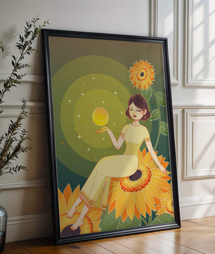 Elegant illustration of a woman on sunflowers with glowing orb