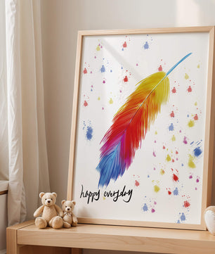 Colorful feather with inspirational message on abstract paint splatter background