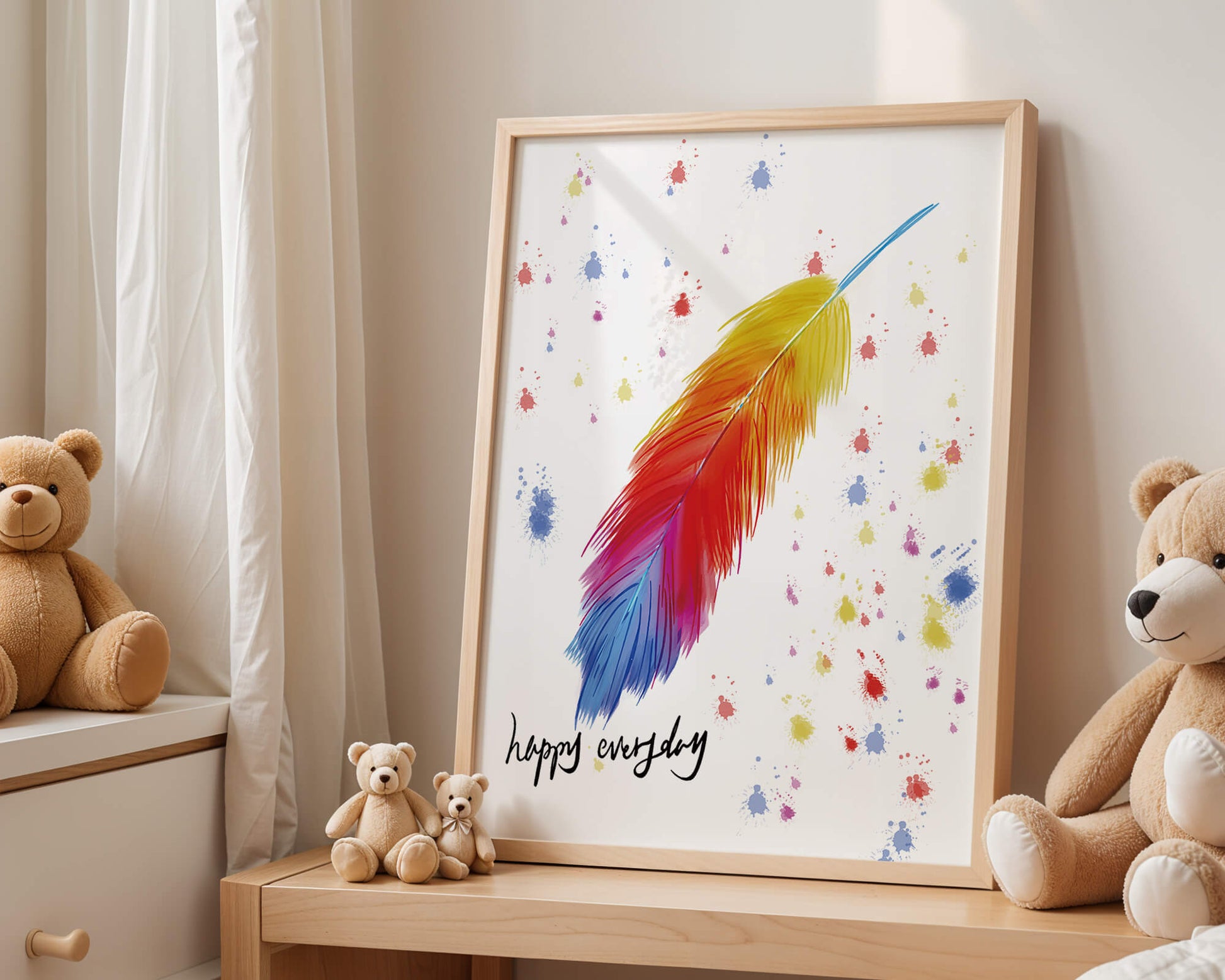 Colorful feather with inspirational message on abstract paint splatter background