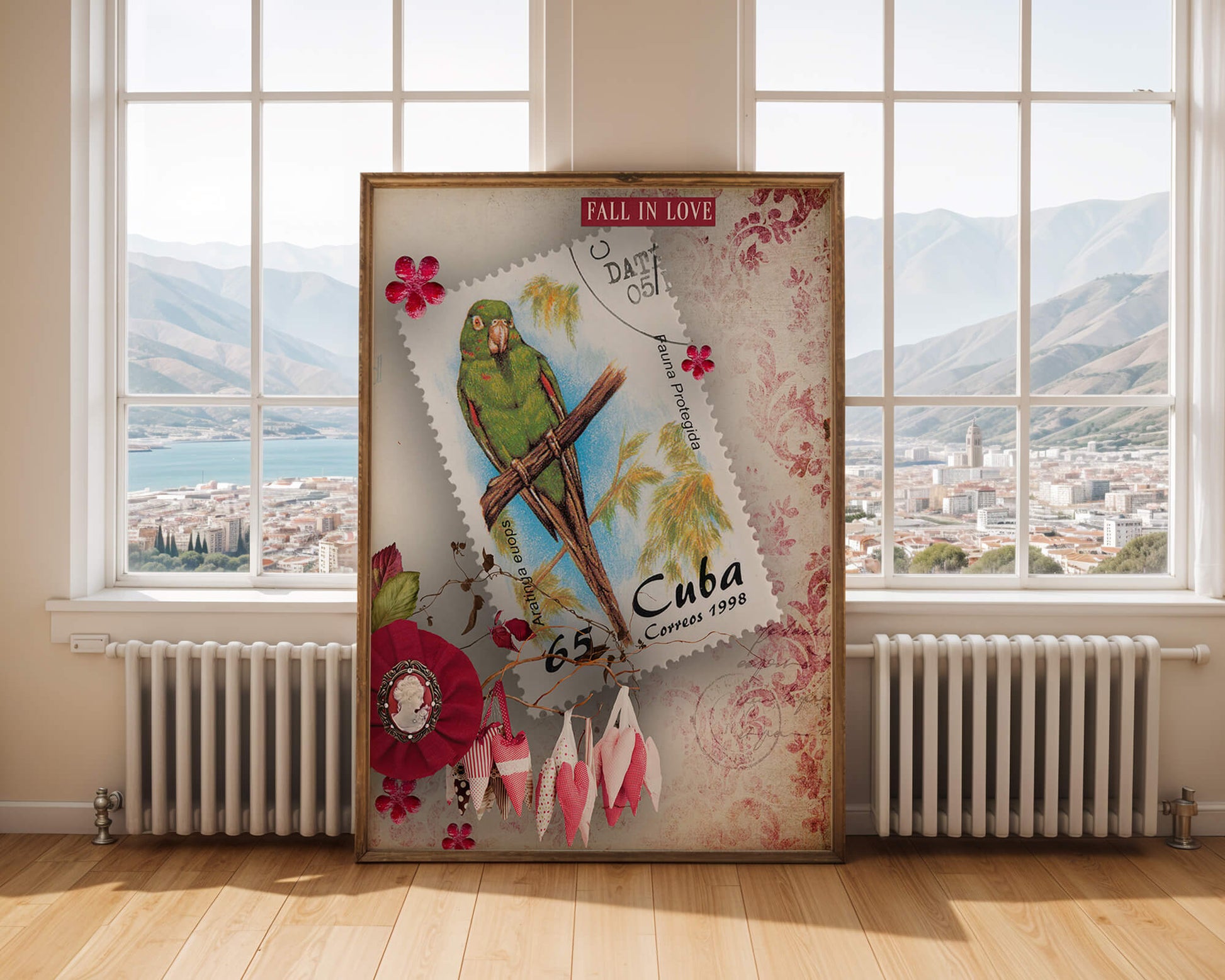 Vintage Cuban parrot stamp with romantic decorations
