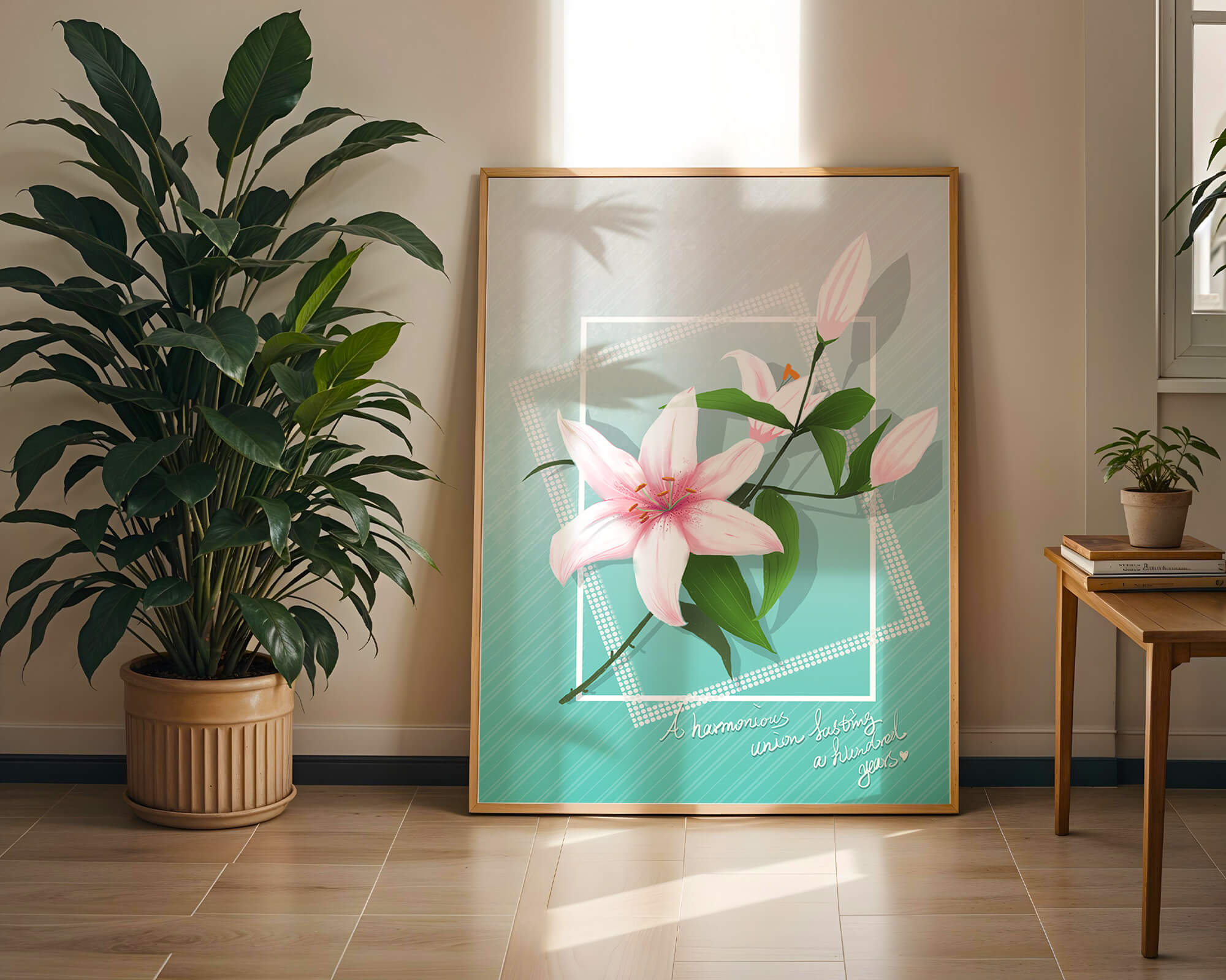 Elegant floral design with pink lilies and modern accents