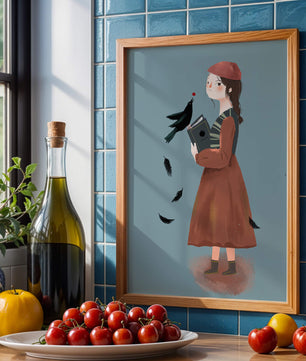 chica en atuendo vintage con pájaro y libro sobre fondo azul