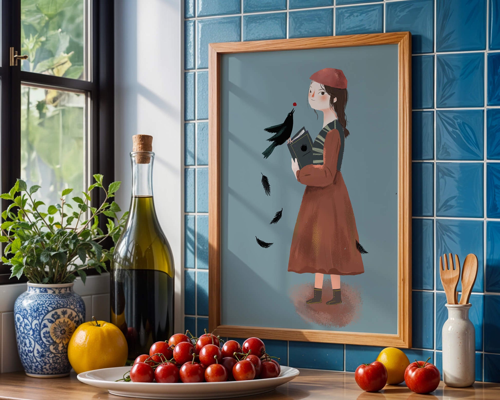 girl in vintage attire with bird and book on blue background