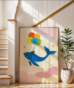 Skurriler Wal, der mit bunten Luftballons fliegt
