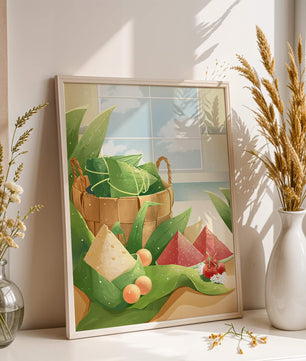 Scène de cuisine sereine avec un panier de fruits et de feuilles