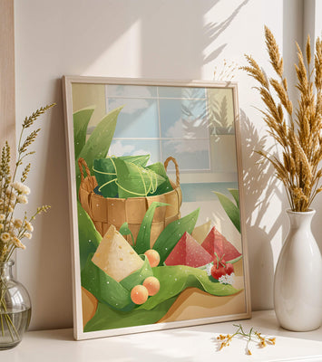 Serene kitchen scene with basket of fruits and leaves