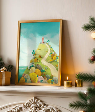 Charming lighthouse illustration on a scenic hilltop