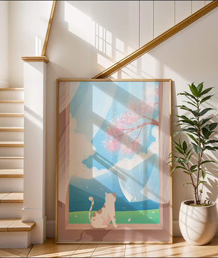 Serene scene with cat gazing out at cherry blossoms through window