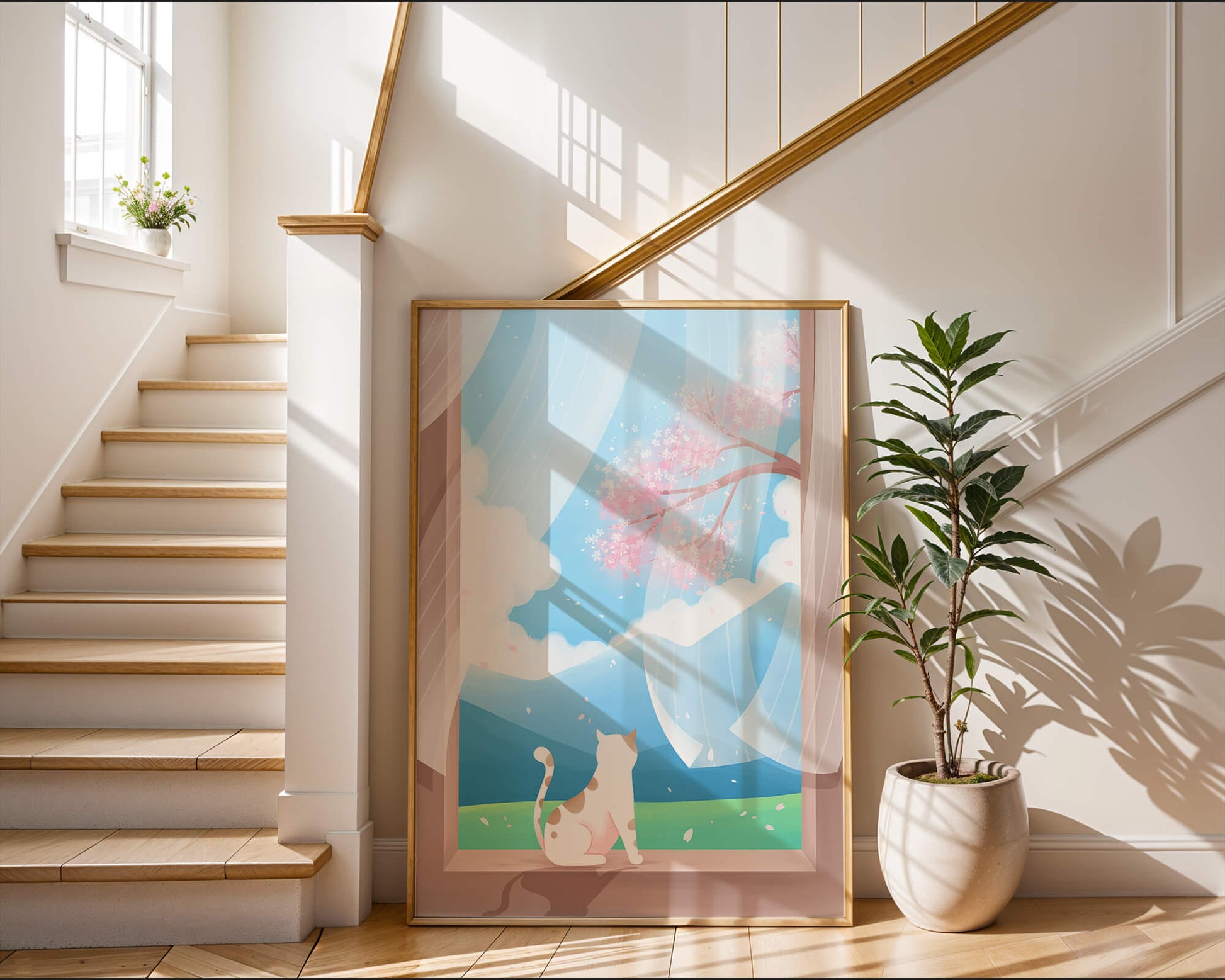 Serene scene with cat gazing out at cherry blossoms through window