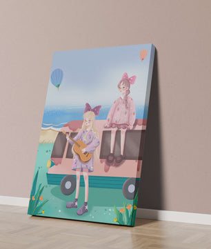 Serene beach scene with whimsical characters and hot air balloons