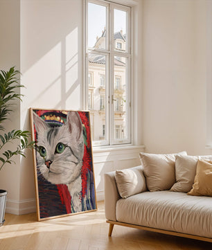 Illustrated cat portrait with colorful accents