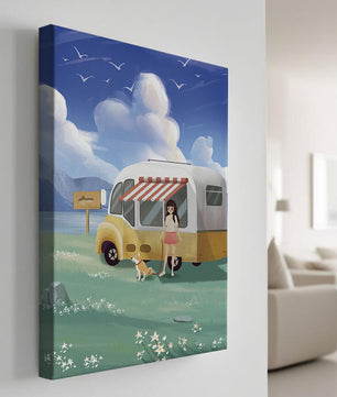 Girl with dog by camper van in serene nature setting