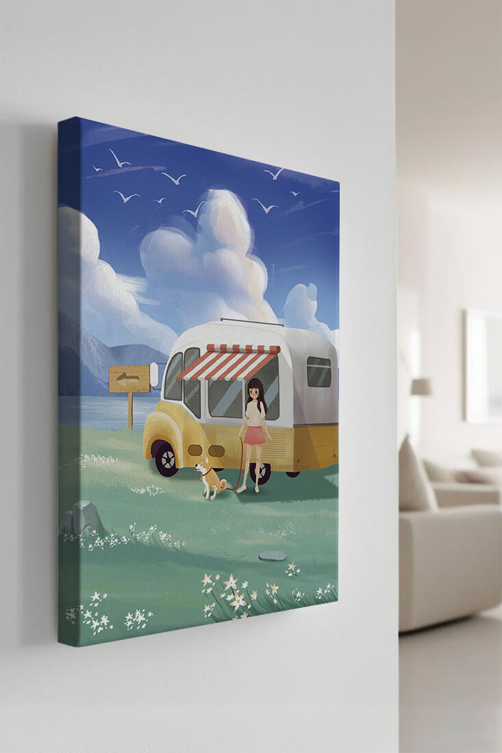 Girl with dog by camper van in serene nature setting