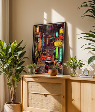 Vibrant urban street with neon signs and bustling traffic at night