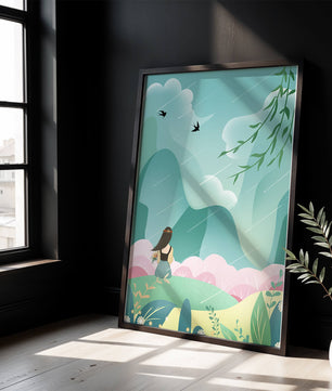 Peaceful landscape with a girl and nature elements
