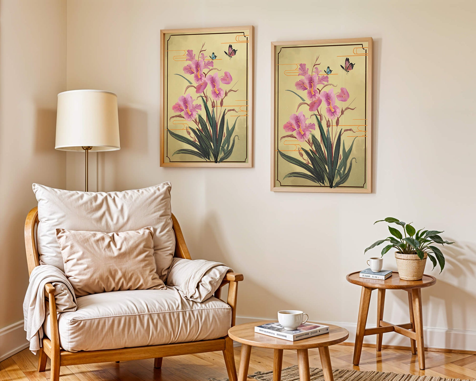 Elegant Floral Composition with Butterflies and Ornamental Background