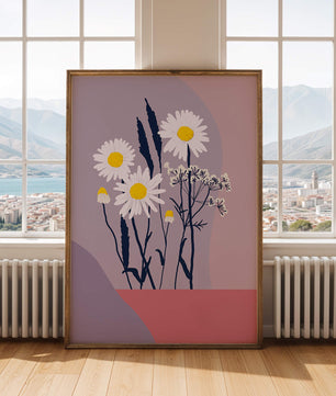 Illustrative floral artwork with daisies and abstract background
