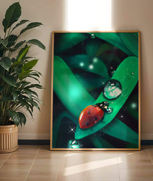 Ladybug on a Leaf with Dew Drops in a Vibrant Nature Scene - Mi tienda