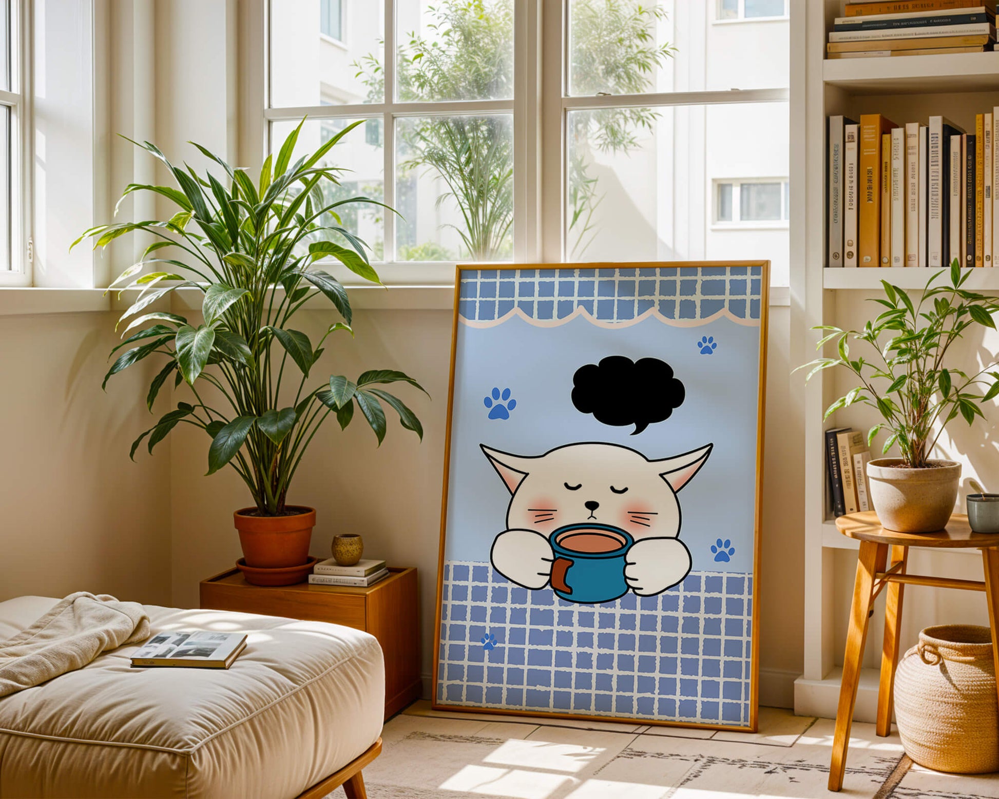 Cute cartoon cat with mug and speech bubble on blue background