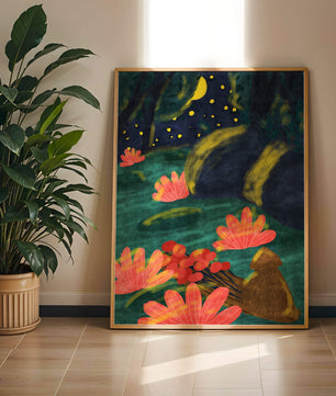 Mystical night garden with bright flowers and starlit sky