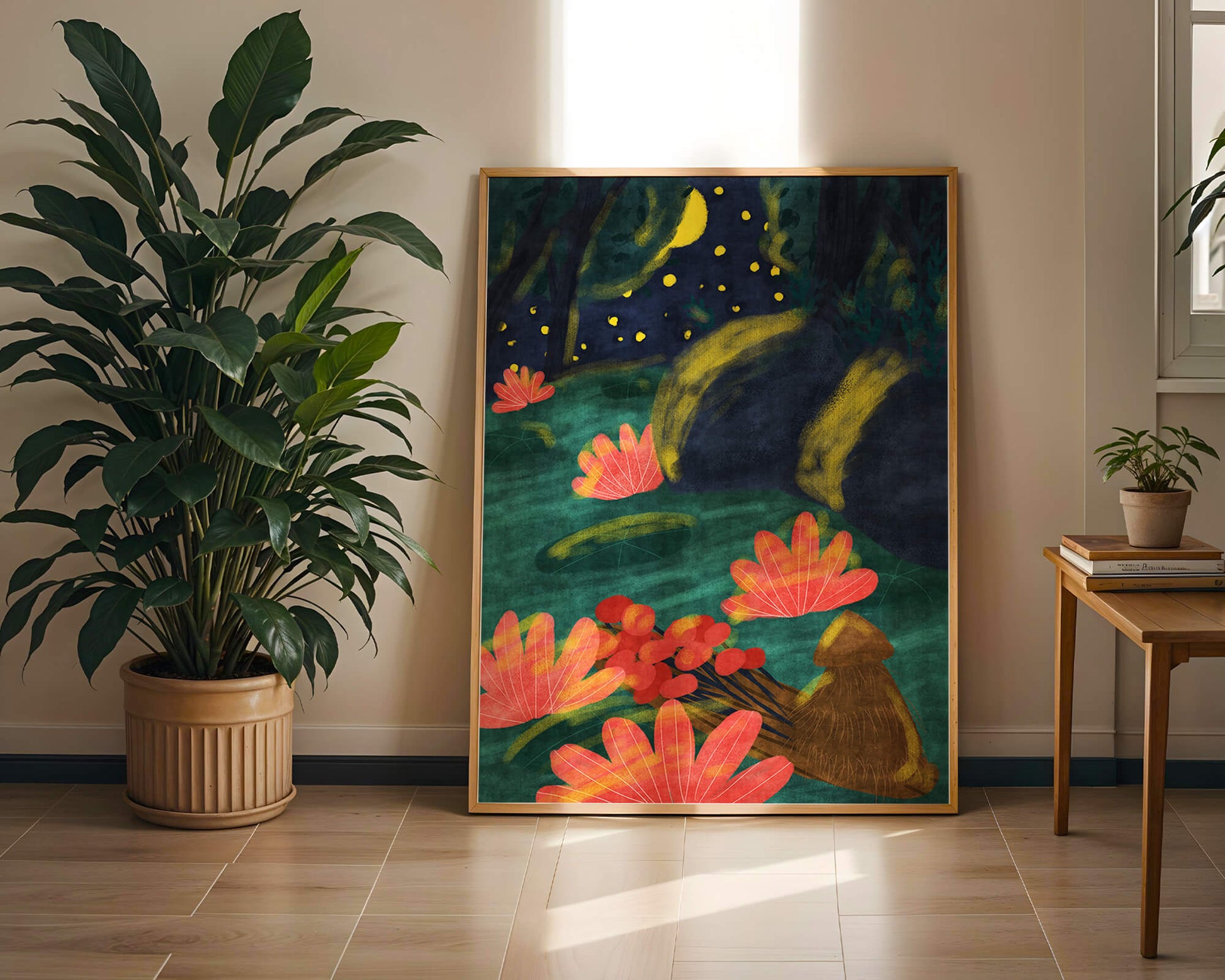 Mystical night garden with bright flowers and starlit sky