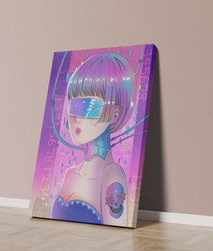 Chica cyberpunk futurista con colores neón y elementos de realidad virtual