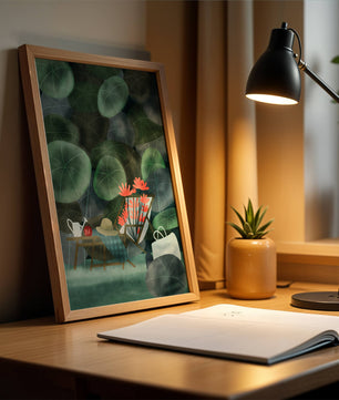 Garden Scene with Flowers, Table, and Chair in a Leafy Backdrop