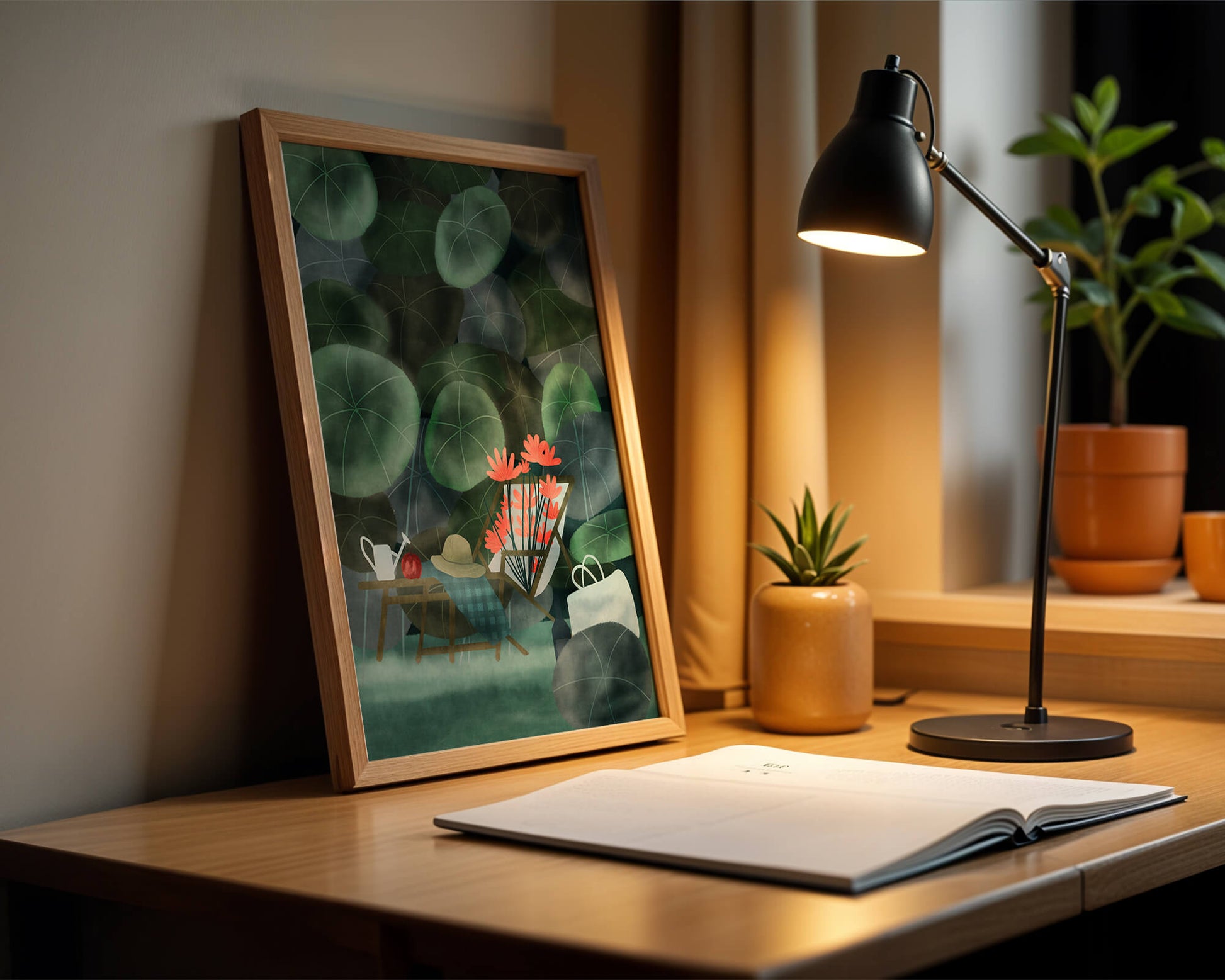 Garden Scene with Flowers, Table, and Chair in a Leafy Backdrop