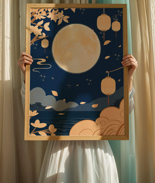 Full Moon Night with Lanterns and Falling Leaves in Tranquil Landscape