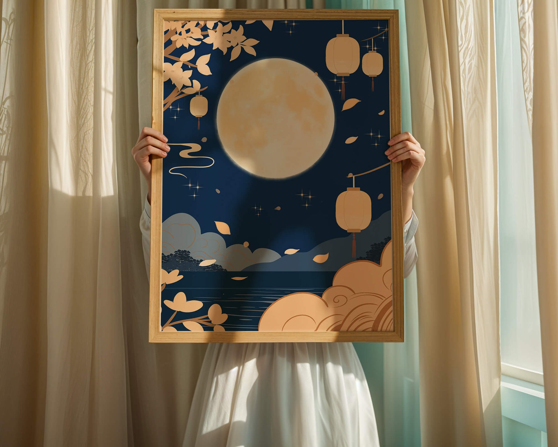 Full Moon Night with Lanterns and Falling Leaves in Tranquil Landscape