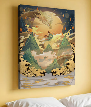 Mythical dragon and warrior painting with golden elements against a mountainous landscape