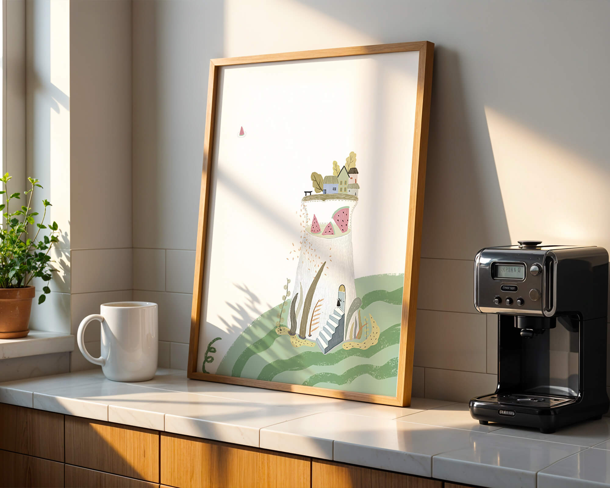 Whimsical Landscape with Fantasy Village and Watermelon Elements