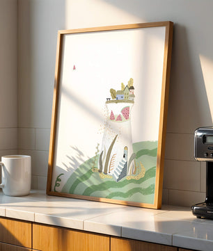 Whimsical Landscape with Fantasy Village and Watermelon Elements