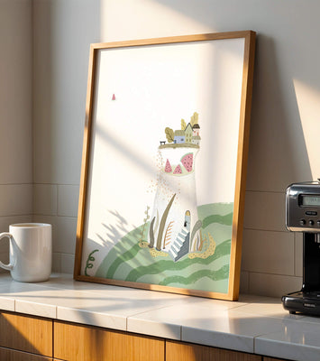 Whimsical Landscape with Fantasy Village and Watermelon Elements