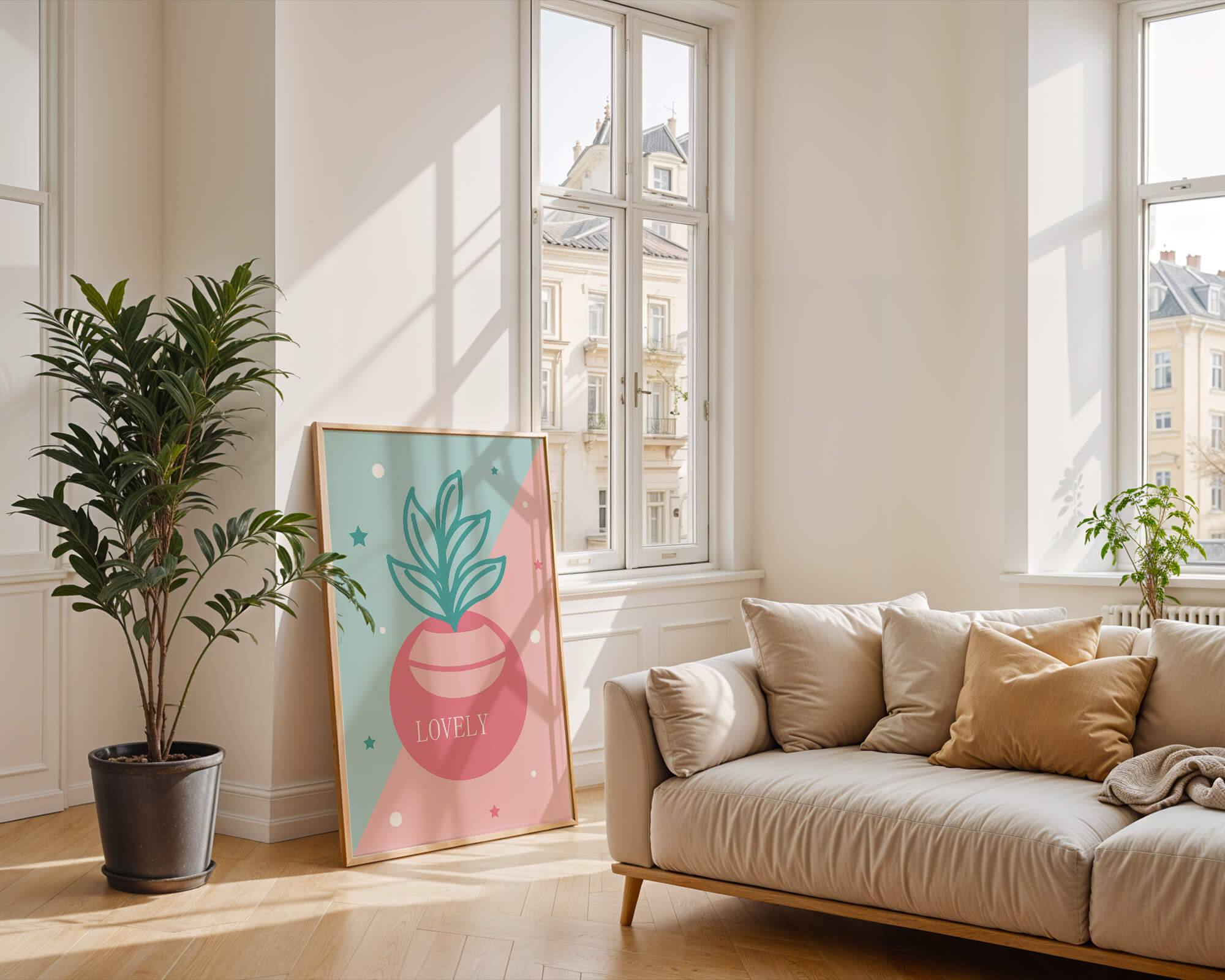 Playful pastel illustration with plant motif and stars