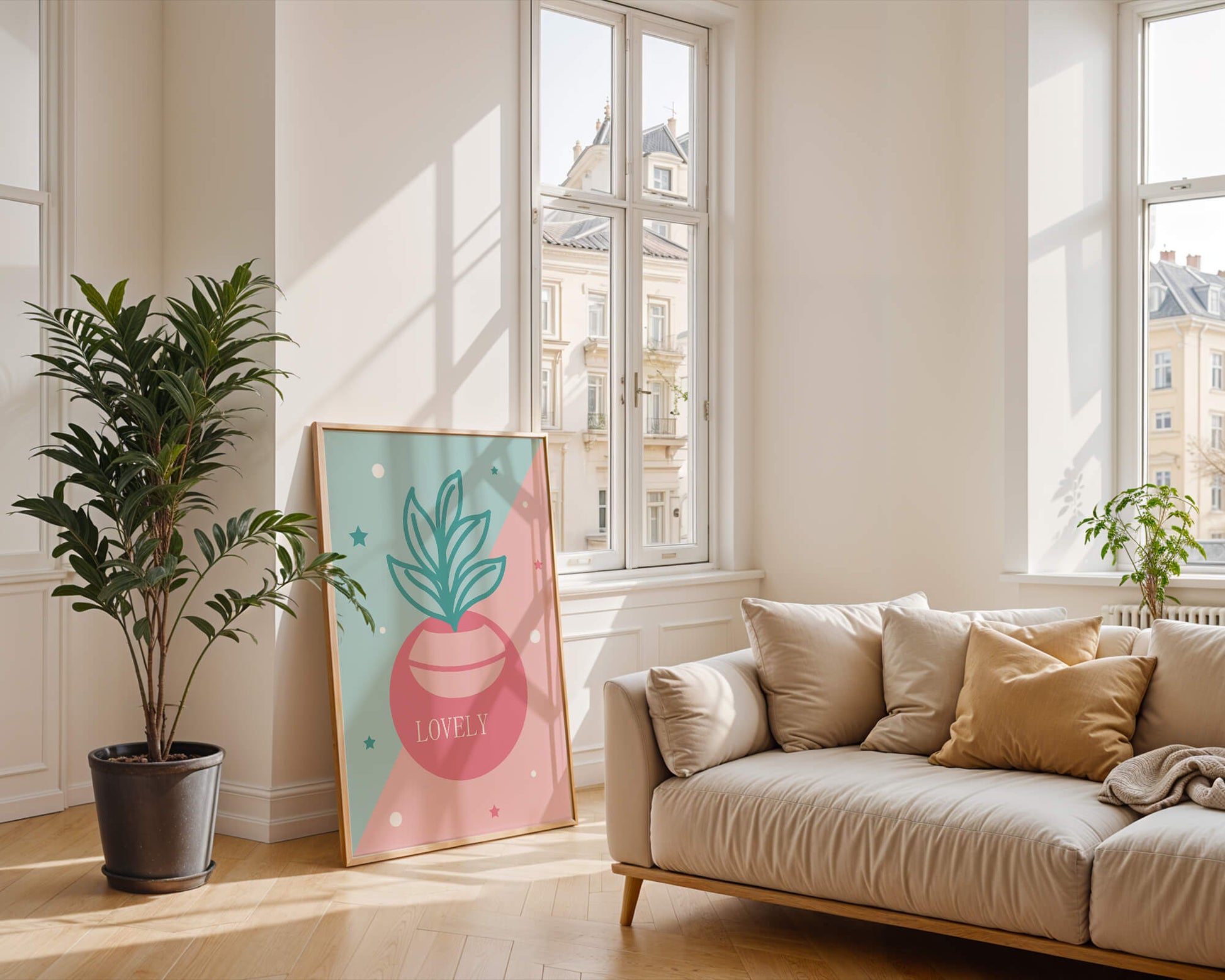 Playful pastel illustration with plant motif and stars