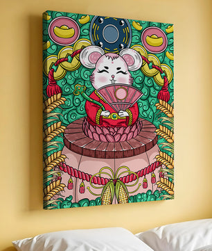 Ratón decorativo encantador con elementos asiáticos y monedas sobre un fondo vibrante