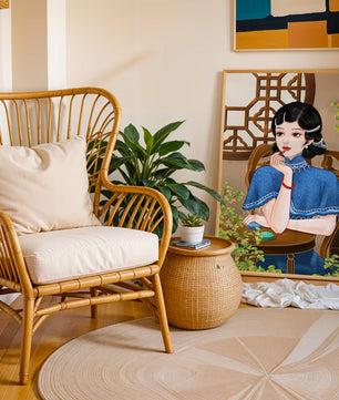 Elegant Woman in Traditional Chinese Setting with Blue Cape and Intricate Decor