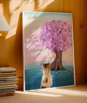 Serene scene with cat and blossoming cherry tree at sunrise