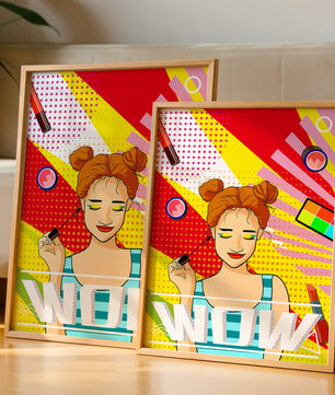 Ilustración de arte pop vibrante con una niña sonriente con maquillaje colorido y patrones audaces