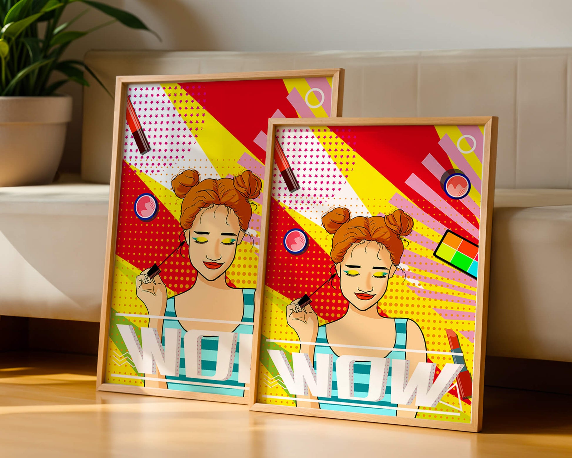 Ilustración de arte pop vibrante con una niña sonriente con maquillaje colorido y patrones audaces