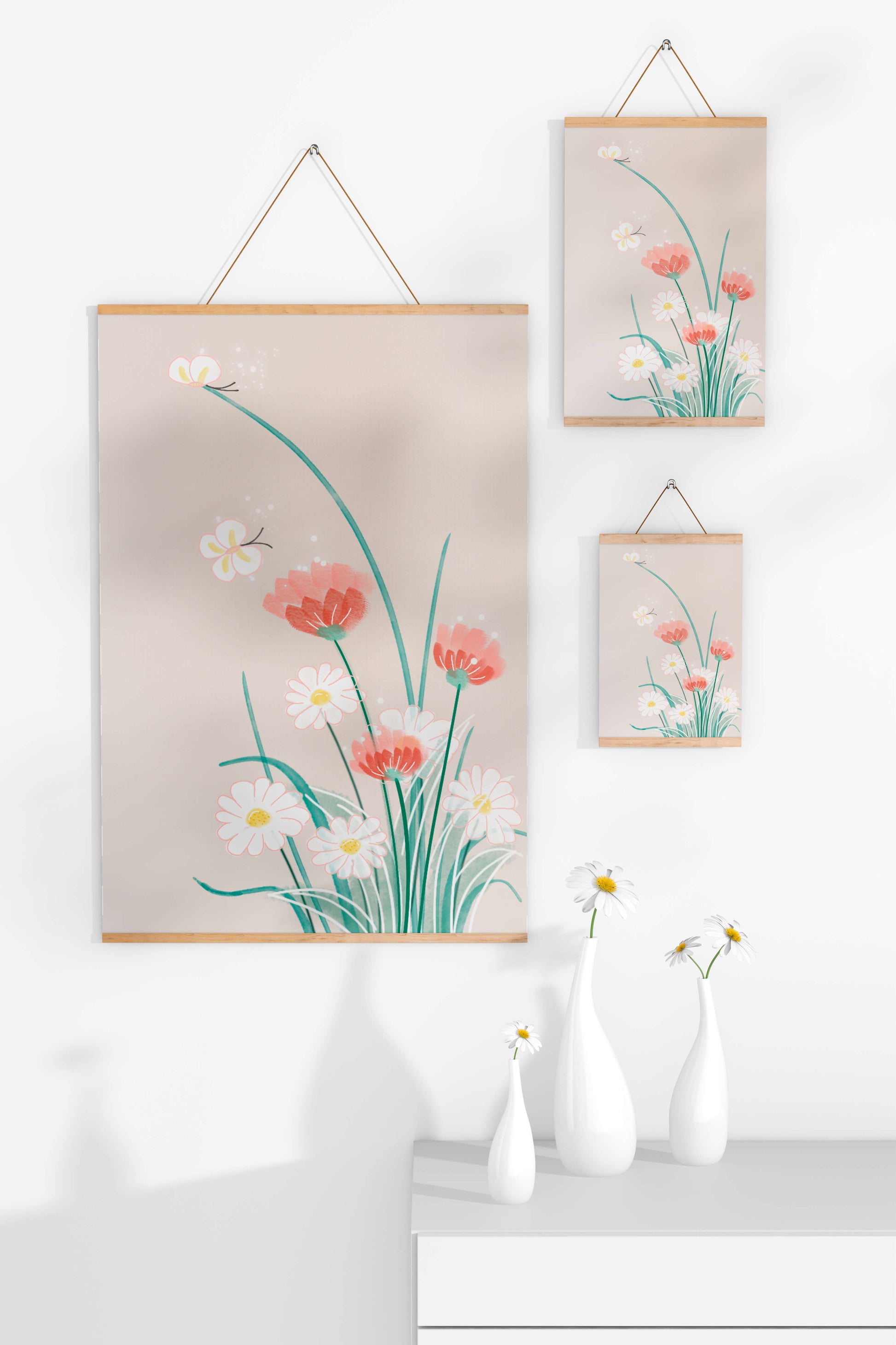 Delicate floral illustration with butterflies and wildflowers