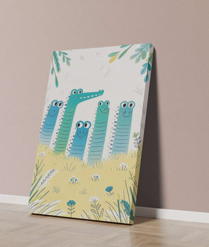 Illustration of Happy Cartoon Crocodiles in a Colorful Meadow - Mi tienda