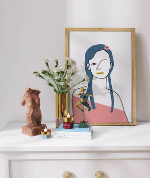 Abstract Portrait with Blue Hair and Floral Accent - Mi tienda