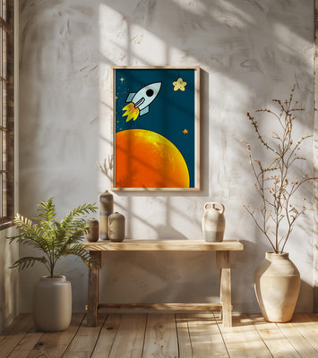 Cartoon Rocket in Space with Yellow Star