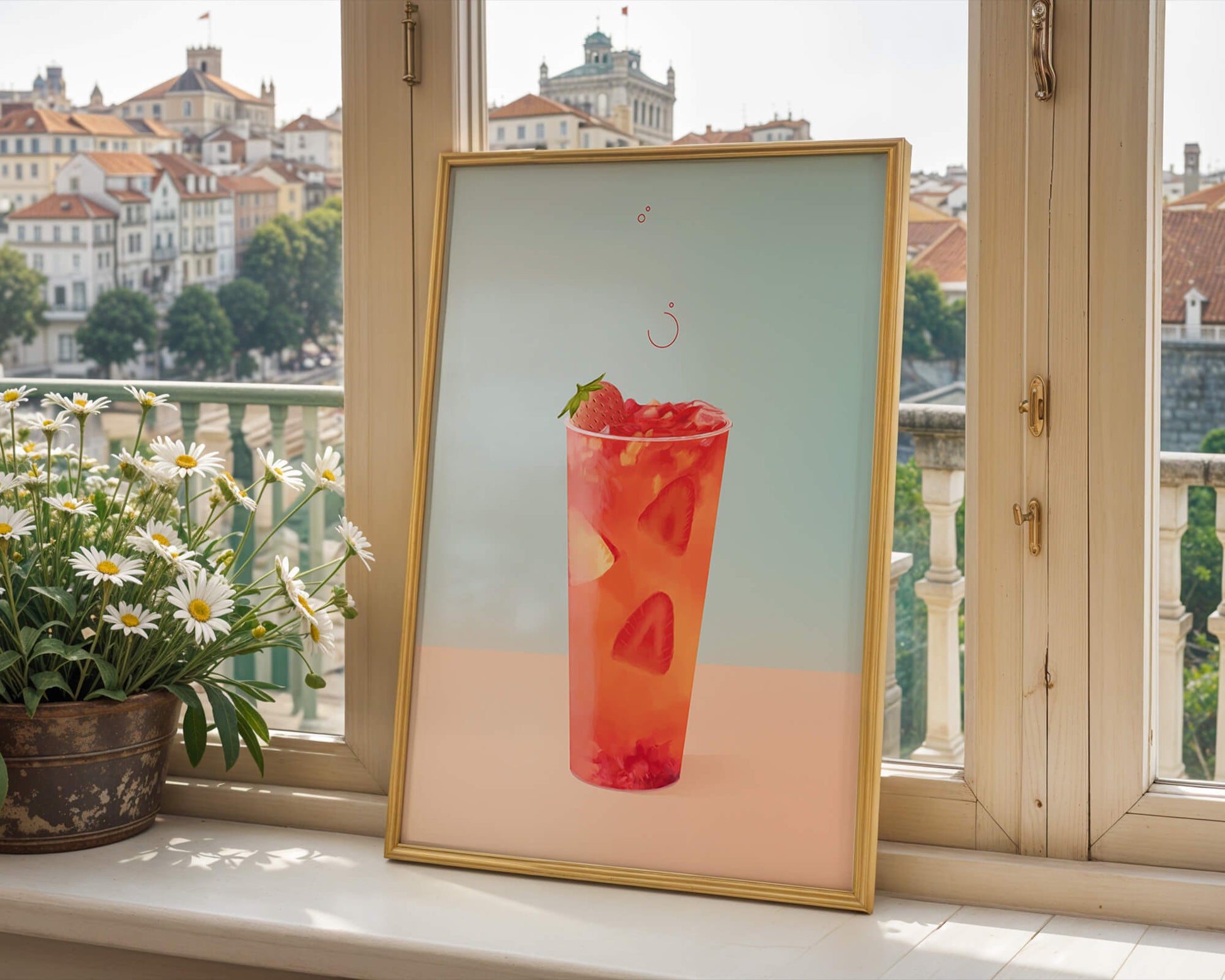 Refreshing strawberry drink with floating slices on pastel background