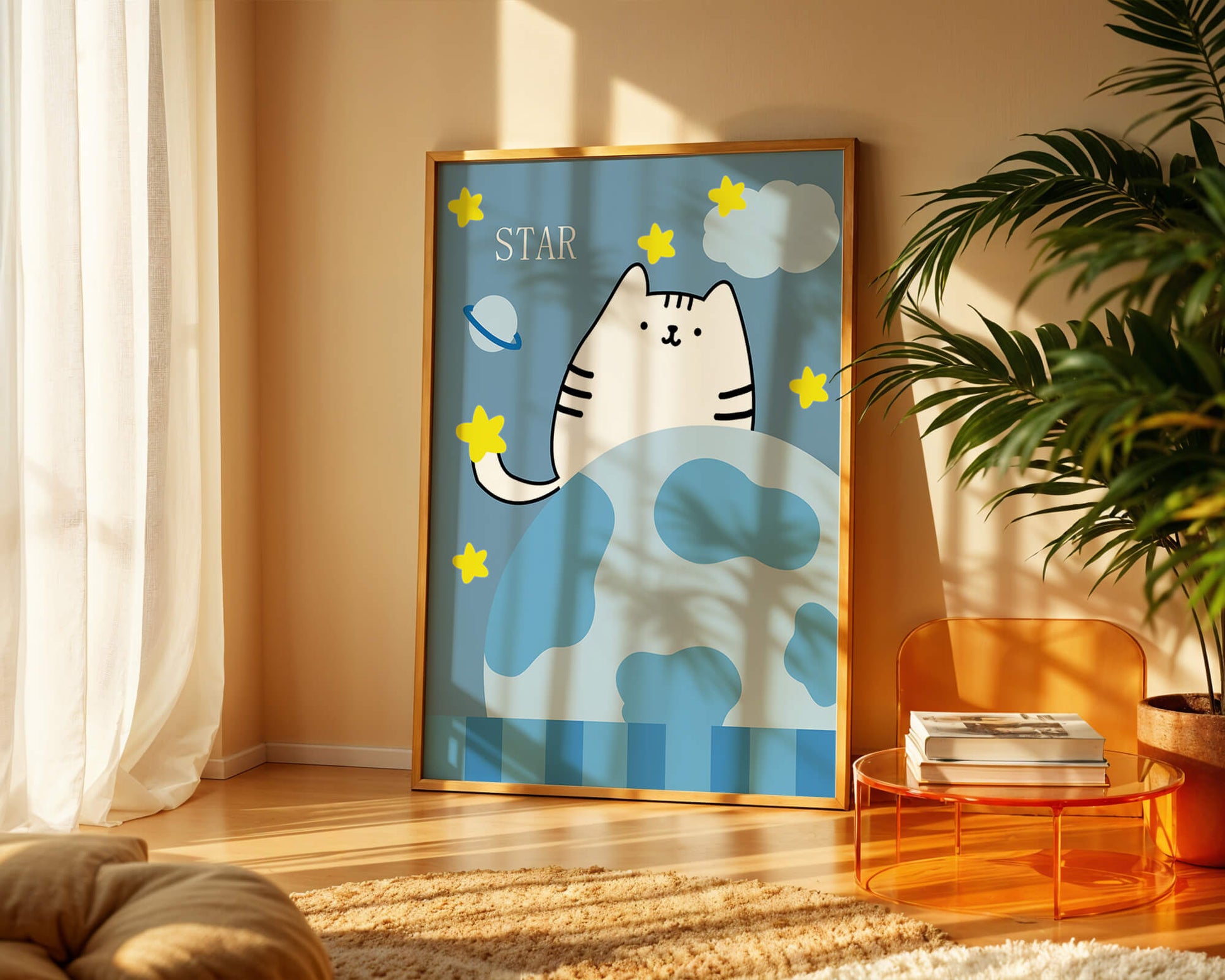 Illustration of a cute cat in space with stars and planets